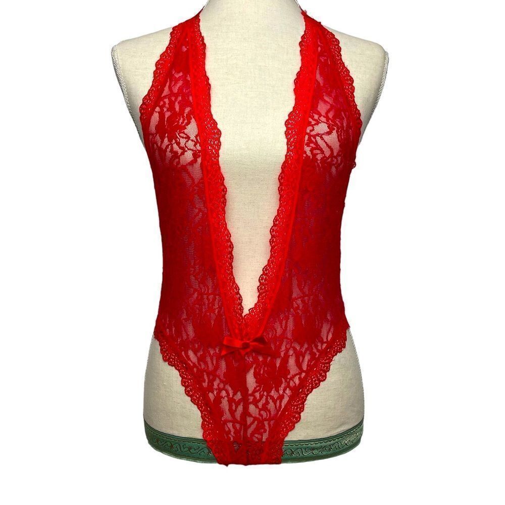 Solid Red Deep V Neck Halter crotch less thong open back lace lingerie size M